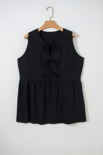 Plus Size Black  Solid Color Bow Tie Peplum Tank Top