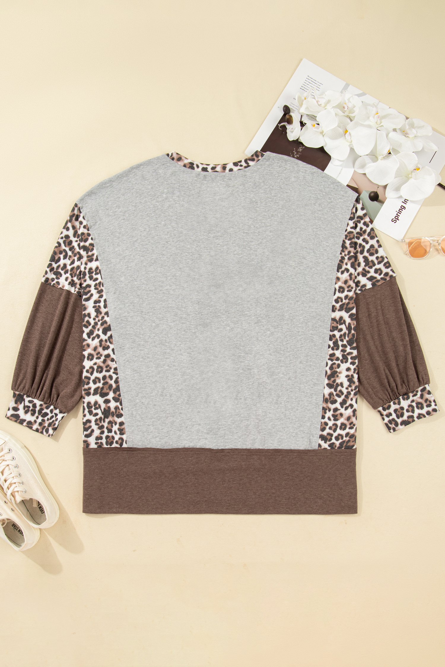 Plus Size Gray  Leopard Color Block Patchwork Dolman Sweatshirt