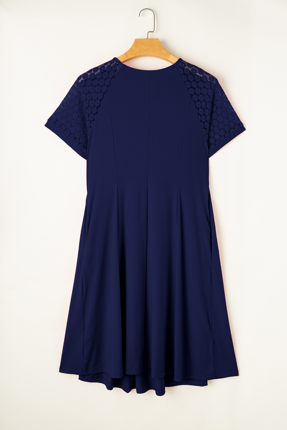 Plus Size Navy Blue  Solid Color Lace Short Sleeve Pleated Swing Dress