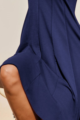 Plus Size Navy Blue  Solid Color Lace Short Sleeve Pleated Swing Dress