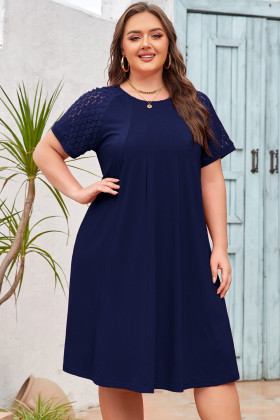 Plus Size Navy Blue  Solid Color Lace Short Sleeve Pleated Swing Dress