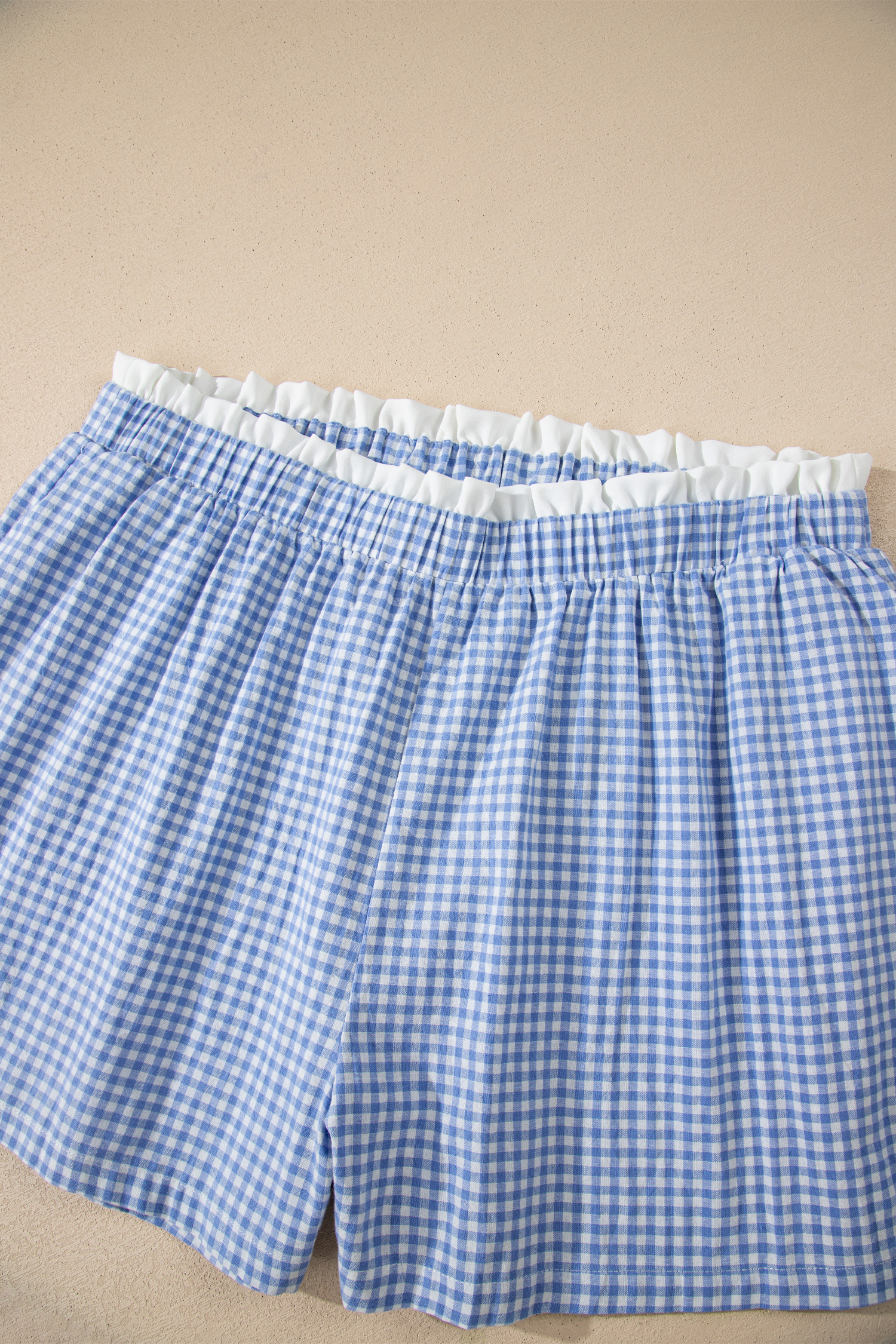 Plus Size Sky Blue Contrast Trim Plaid Print  Shorts