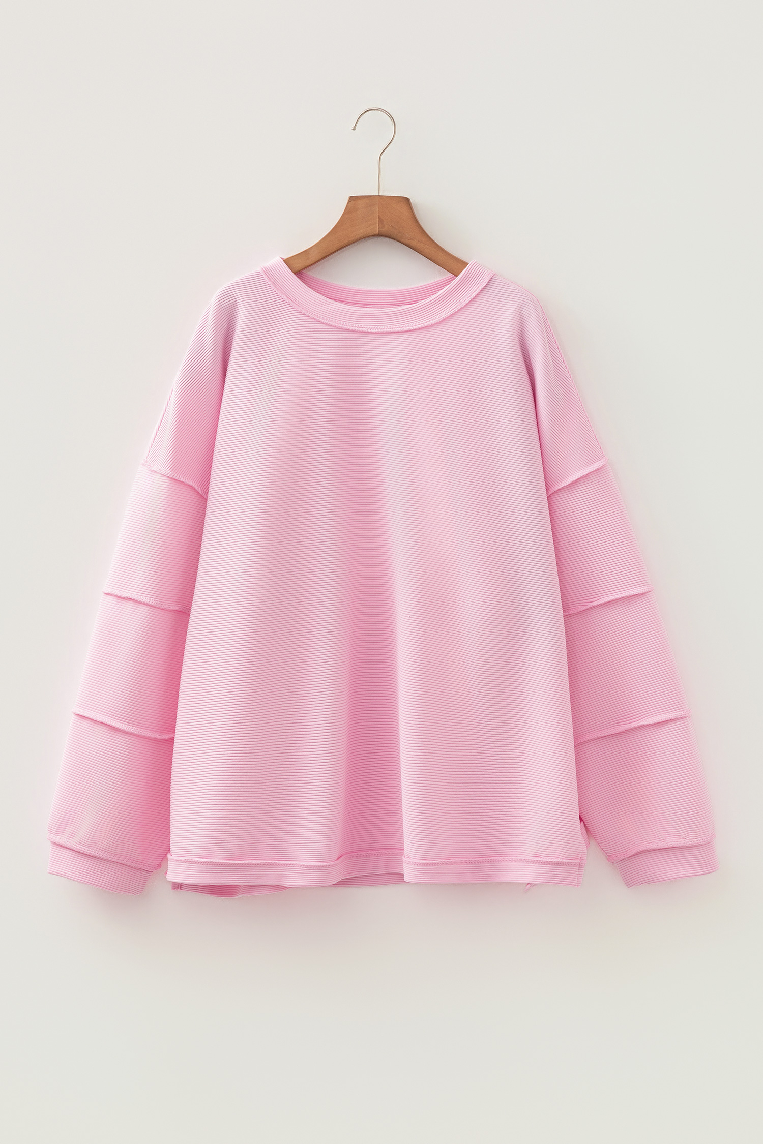 Plus Size Pink Drop Shoulder Long Sleeve  Ribbed Top