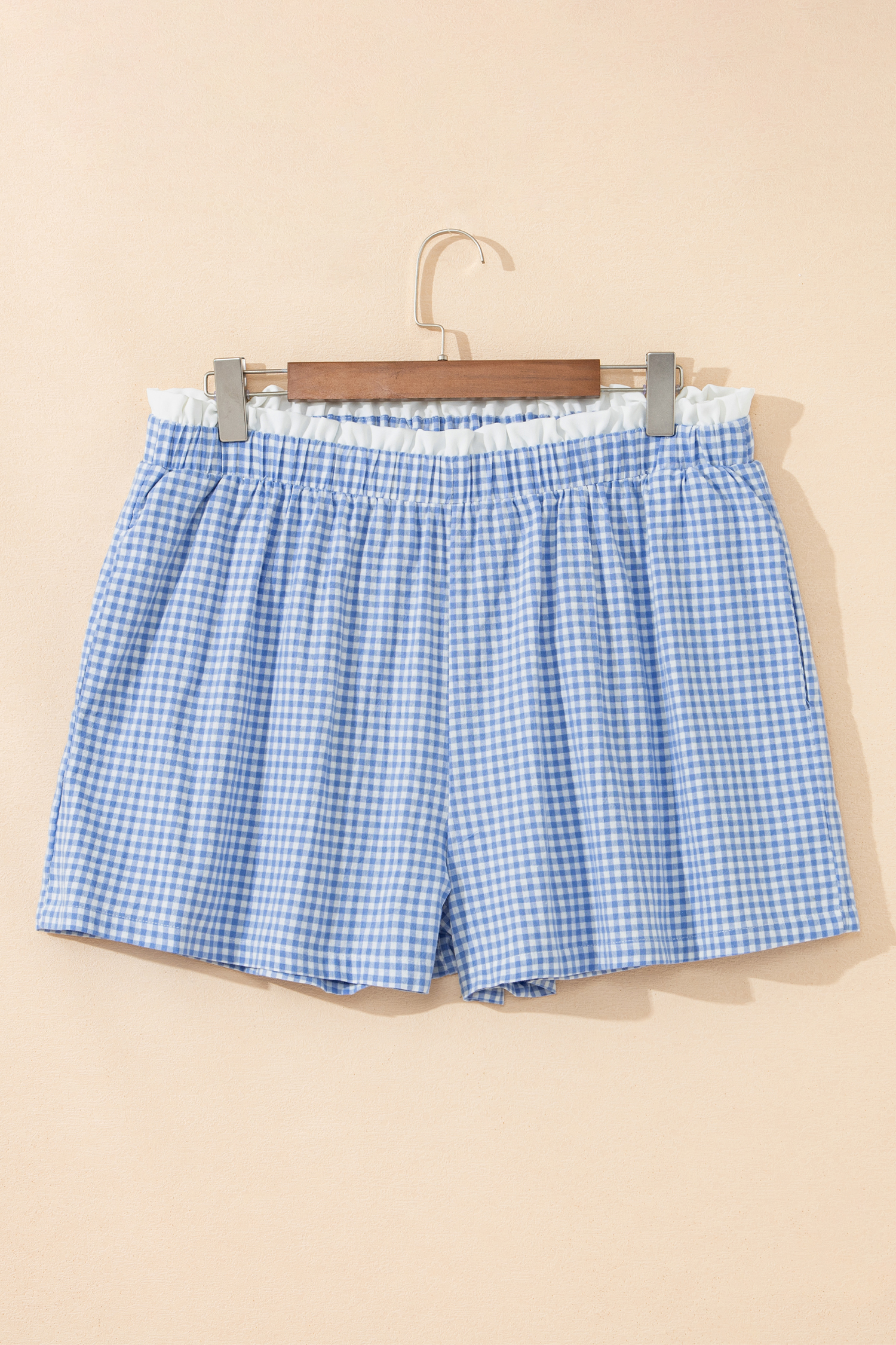 Plus Size Sky Blue Contrast Trim Plaid Print  Shorts