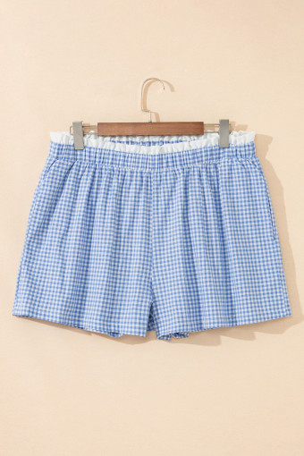 Plus Size Sky Blue Contrast Trim Plaid Print  Shorts