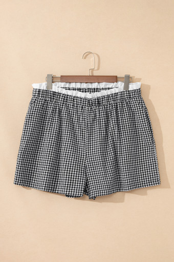 Plus Size Black Contrast Trim Plaid Print  Shorts