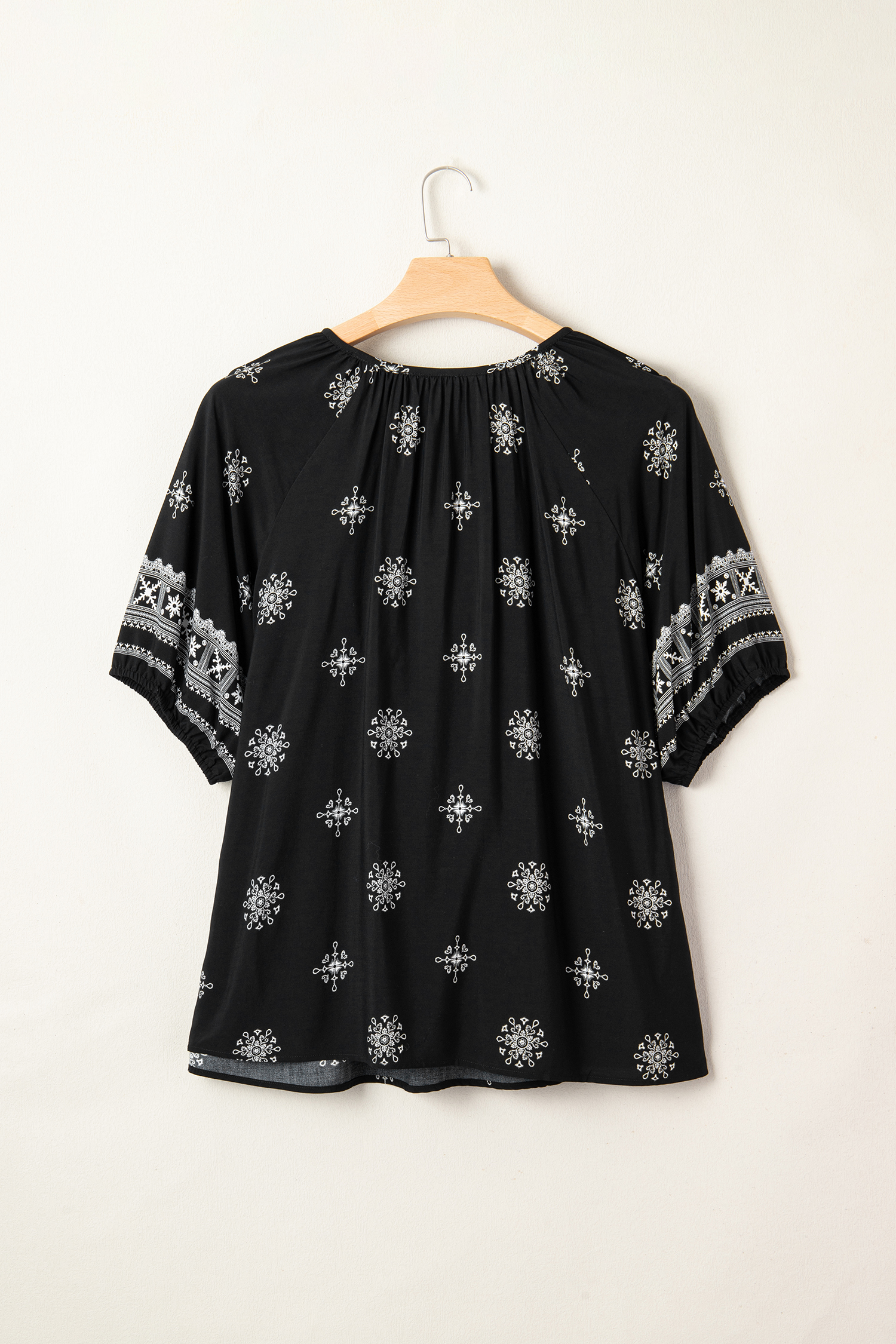 Black Boho Chic Notched V Neck Plus Floral Short Sleeve Top