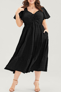 Plus Size Black  Short Sleeve Lace-up High Waist Midi Dress