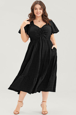 Plus Size Black  Short Sleeve Lace-up High Waist Midi Dress