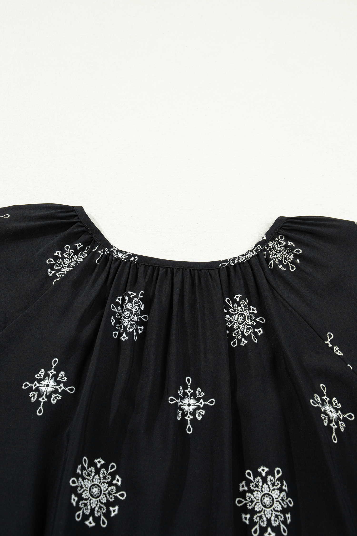 Black Boho Chic Notched V Neck Plus Floral Short Sleeve Top