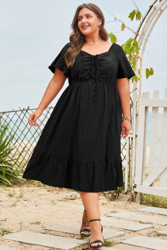 Plus Size Black  Short Sleeve Lace-up High Waist Midi Dress