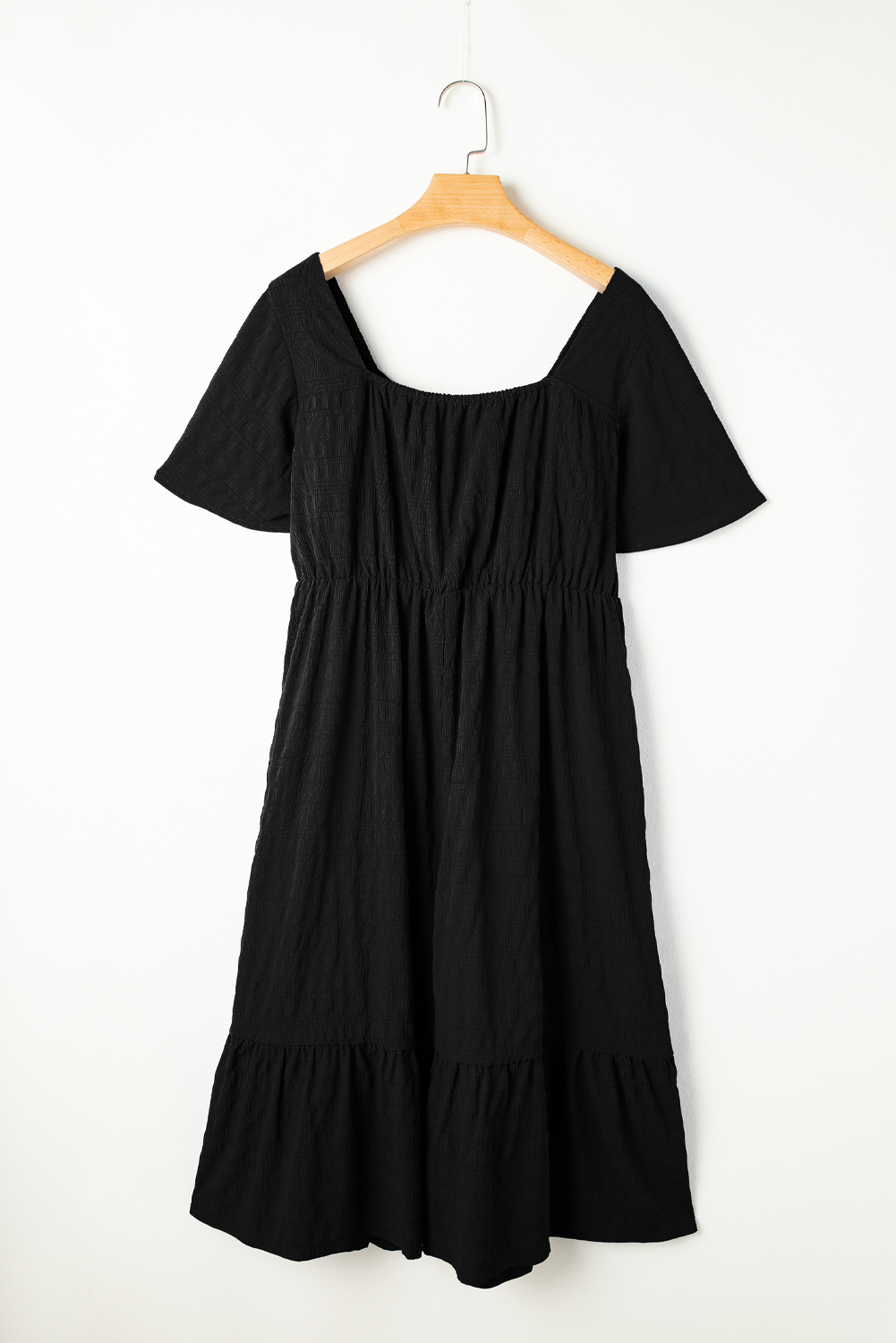 Plus Size Black  Short Sleeve Lace-up High Waist Midi Dress
