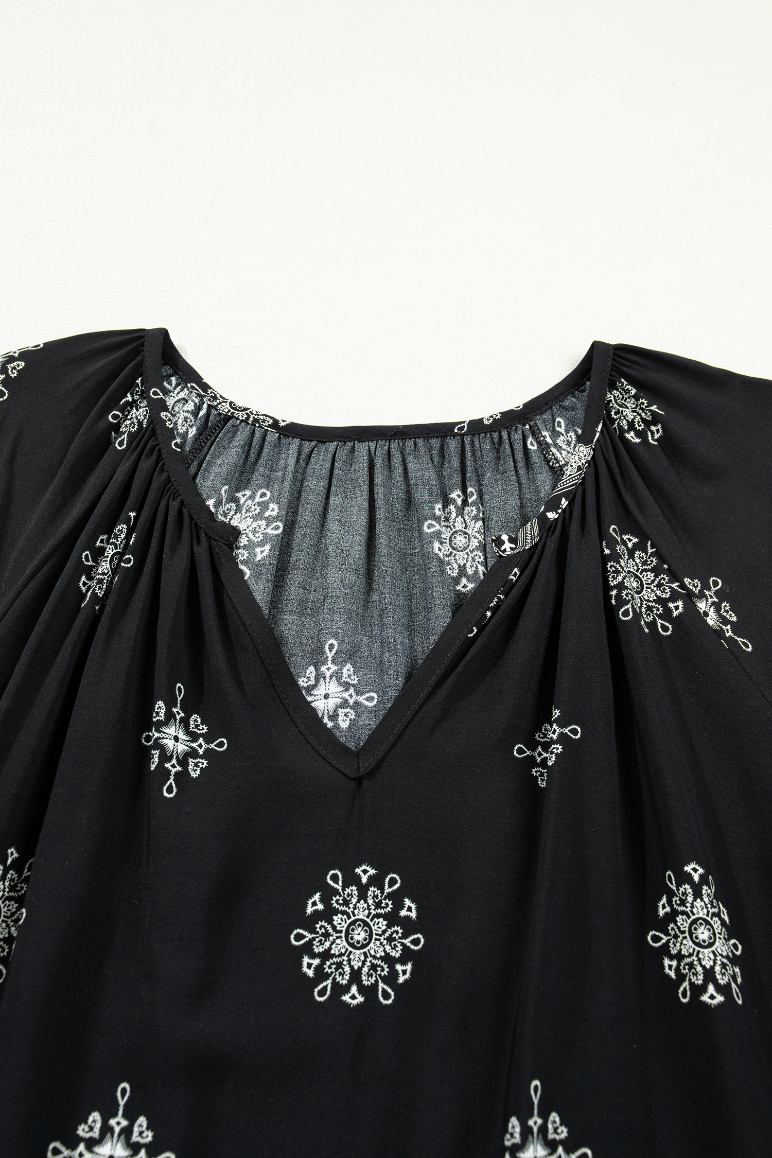 Black Boho Chic Notched V Neck Plus Floral Short Sleeve Top