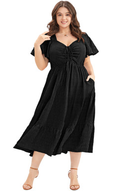 Plus Size Black  Short Sleeve Lace-up High Waist Midi Dress