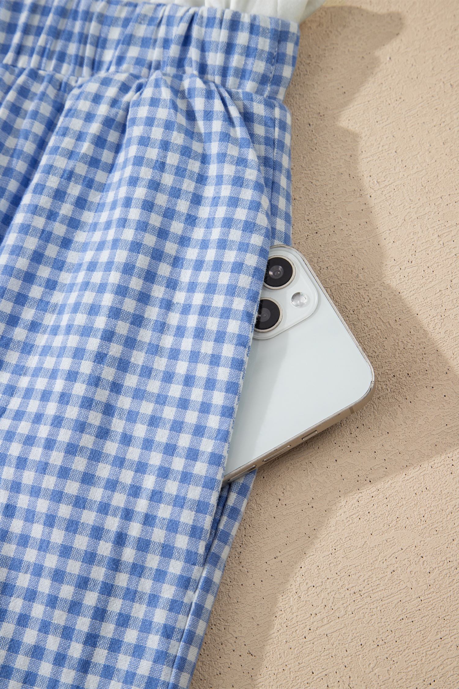 Plus Size Sky Blue Contrast Trim Plaid Print  Shorts