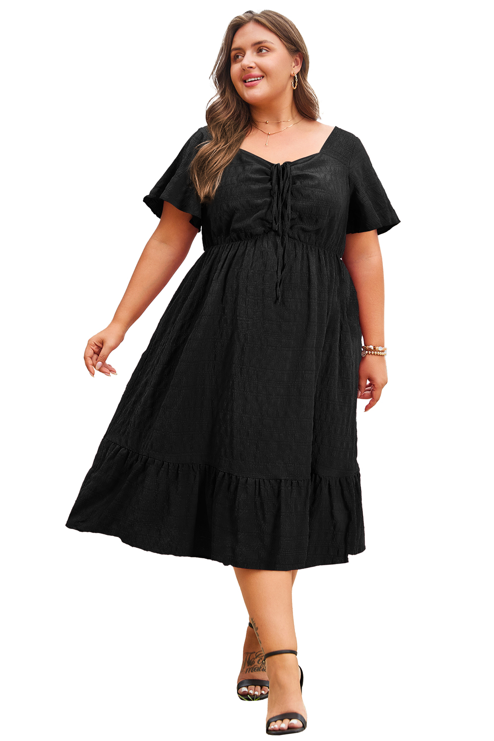 Plus Size Black  Short Sleeve Lace-up High Waist Midi Dress