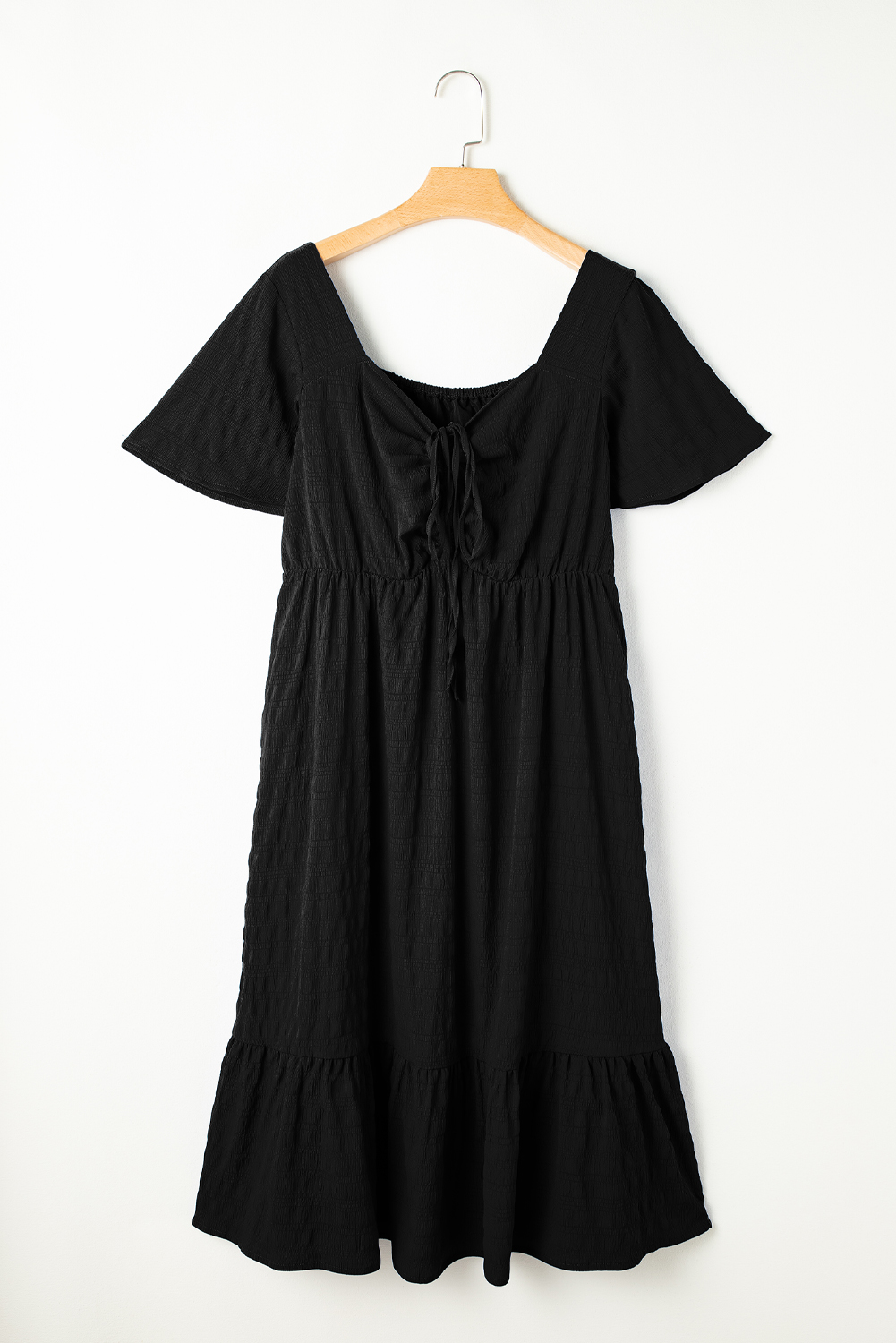 Plus Size Black  Short Sleeve Lace-up High Waist Midi Dress