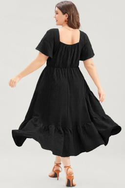 Plus Size Black  Short Sleeve Lace-up High Waist Midi Dress