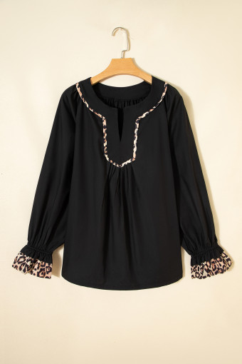 Plus Size Black  Split Neck Leopard Trim Flounced Long Sleeve Blouse