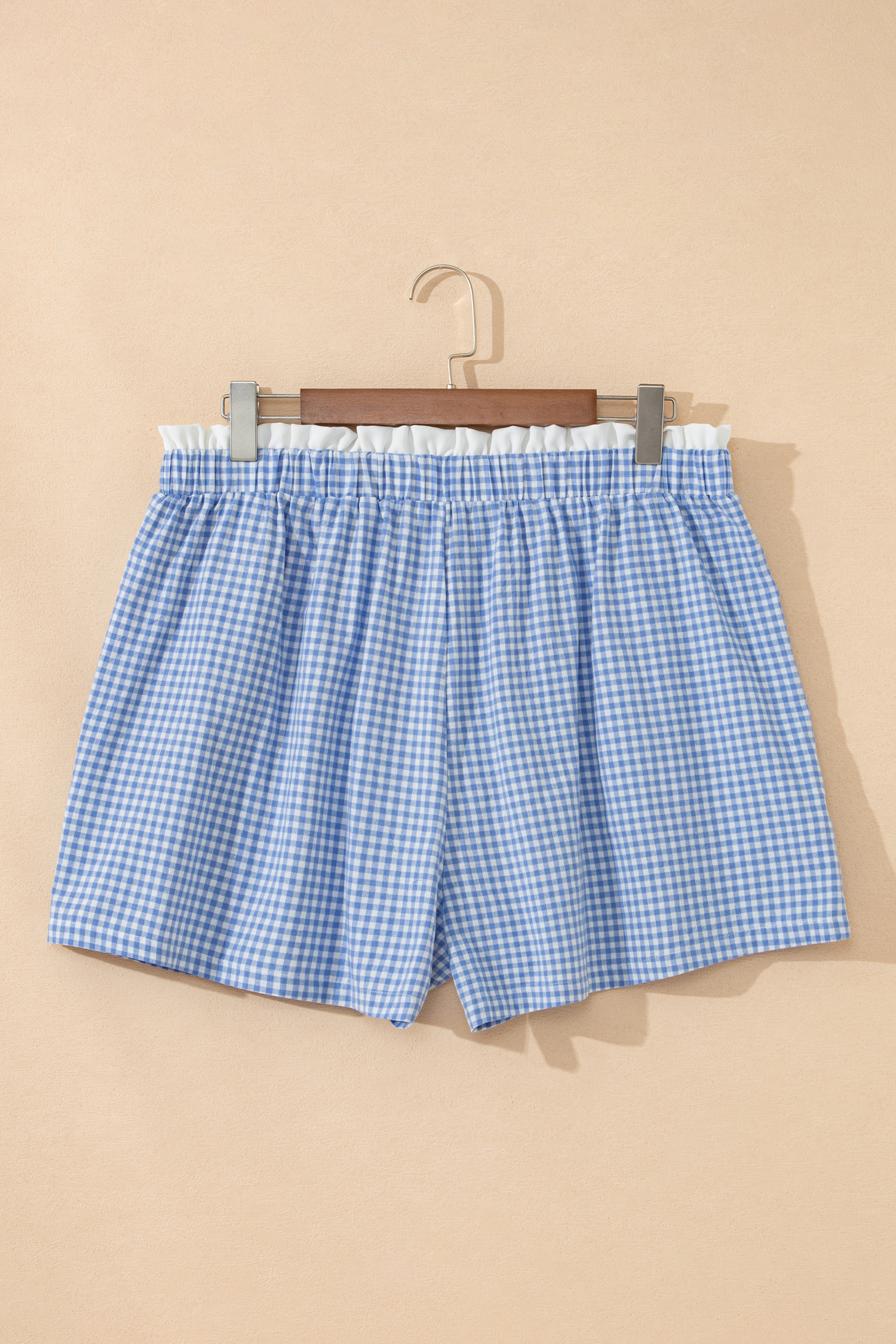 Plus Size Sky Blue Contrast Trim Plaid Print  Shorts