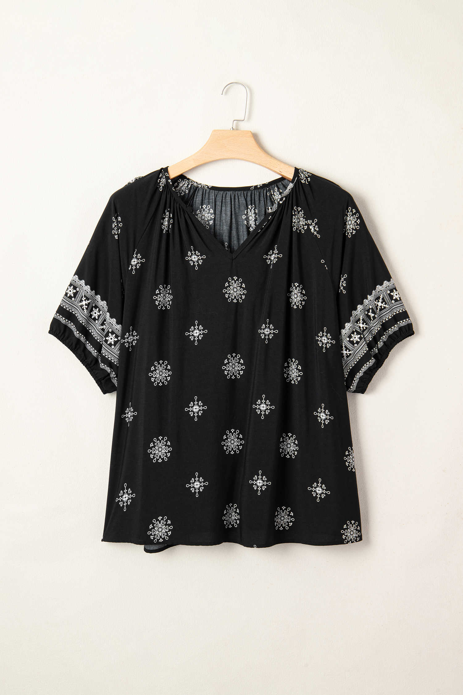 Black Boho Chic Notched V Neck Plus Floral Short Sleeve Top