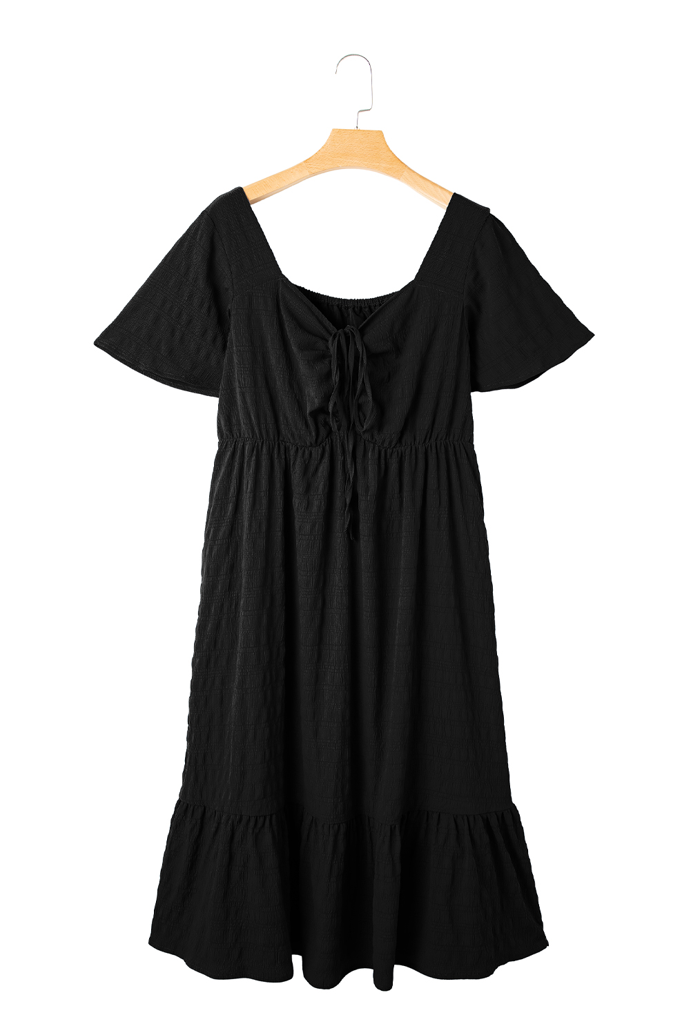 Plus Size Black  Short Sleeve Lace-up High Waist Midi Dress