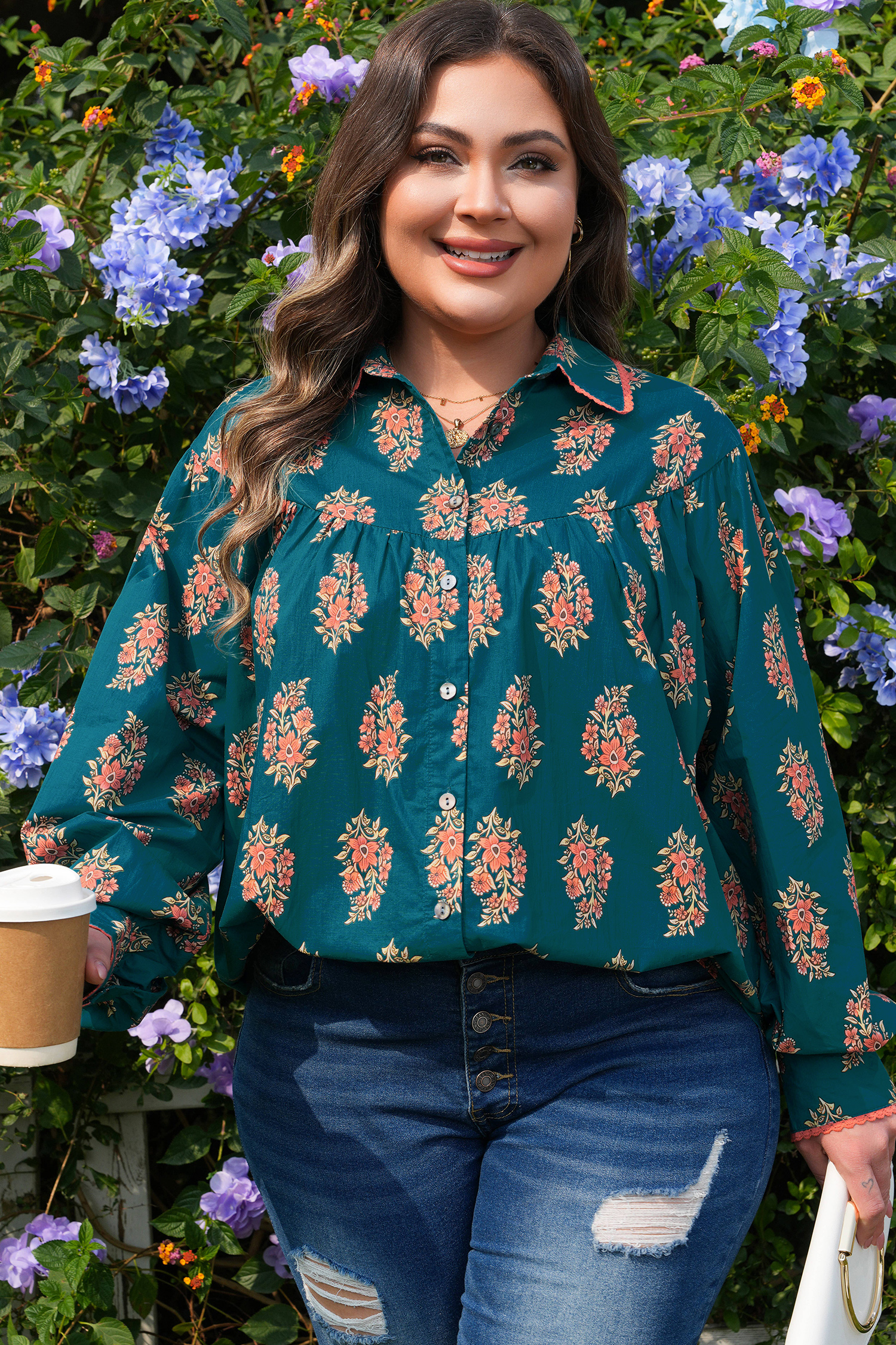 Plus Size Green  Floral Print Contrast Lacy Trim Pleated Loose Shirt