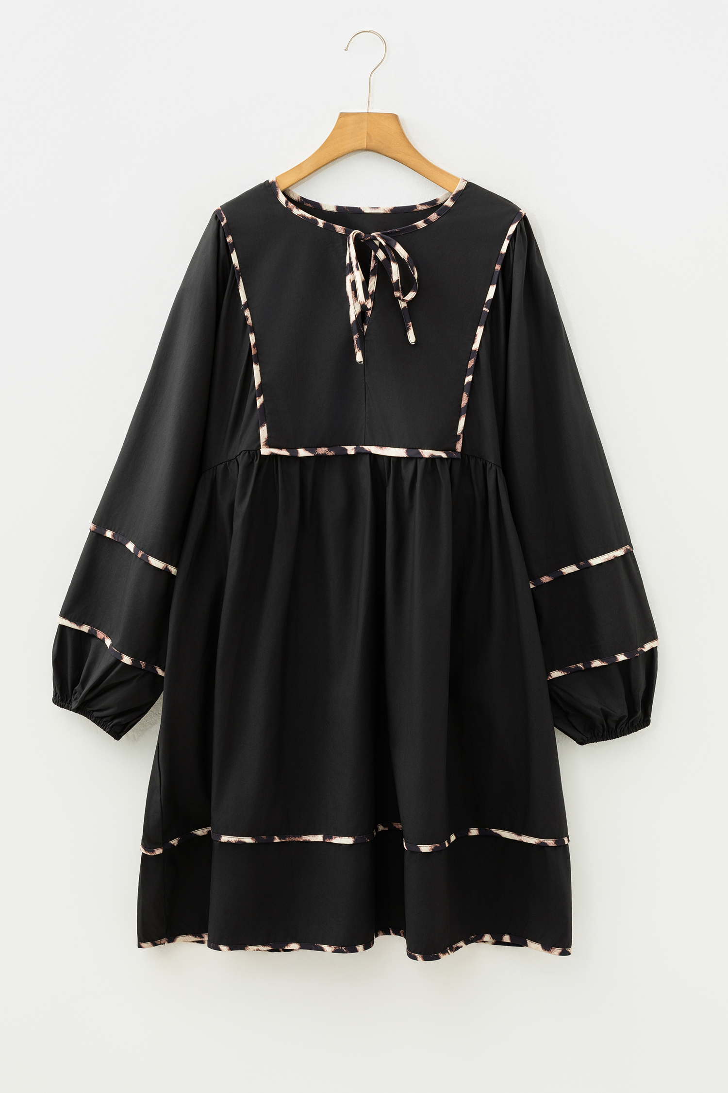 Plus Size Black  Long Sleeve Leopard Contrasted Trim Tie Neck Flared Mini Dress