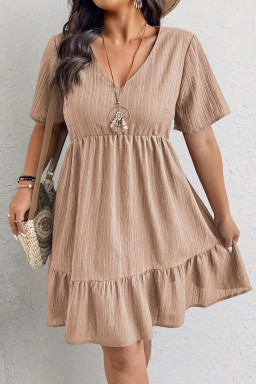 Plus Size Dark Khaki  Textured Ruffled Short Sleeve Dress