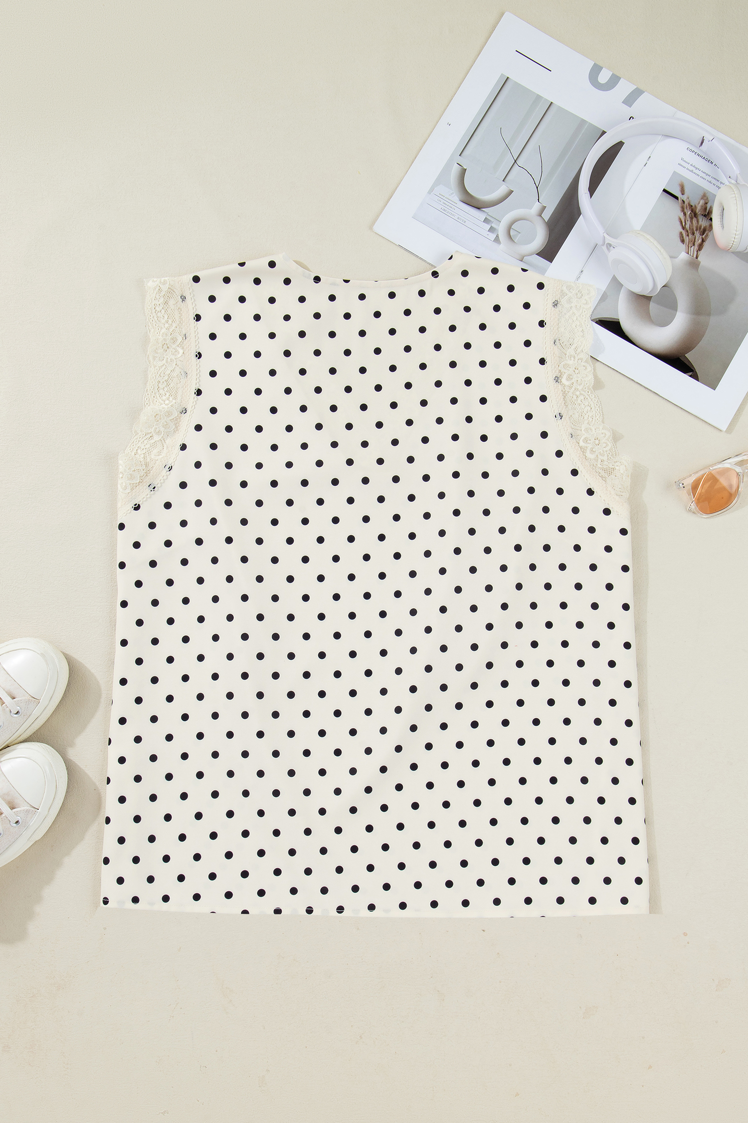 Plus Size Apricot  Polka Dot Print Lace Trim V Neck Sleeveless Top