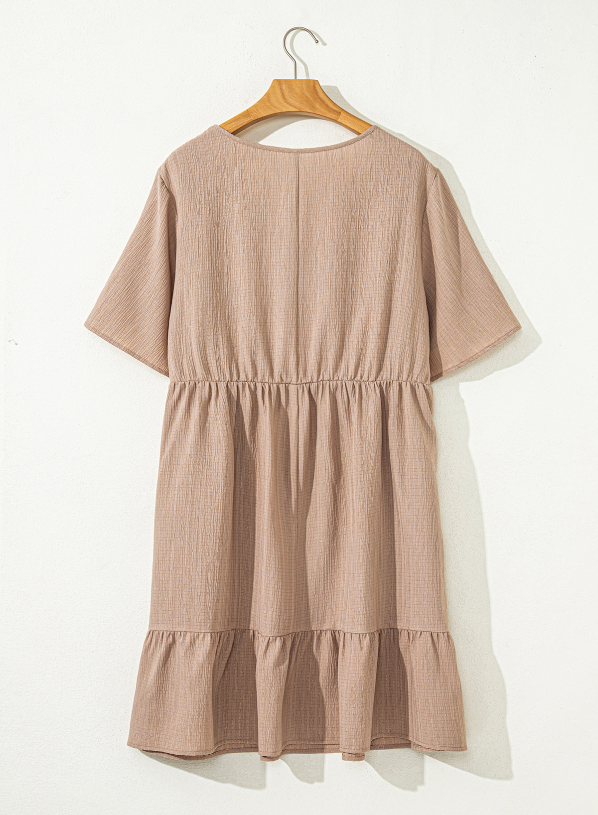 Plus Size Dark Khaki  Textured Ruffled Short Sleeve Dress