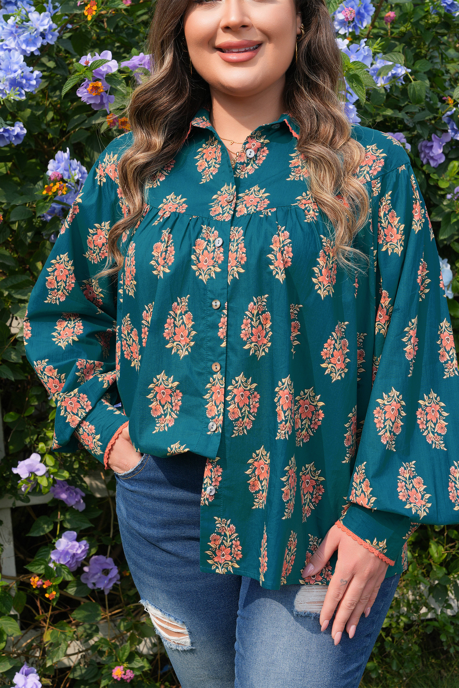 Plus Size Green  Floral Print Contrast Lacy Trim Pleated Loose Shirt