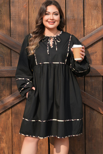 Plus Size Black  Long Sleeve Leopard Contrasted Trim Tie Neck Flared Mini Dress