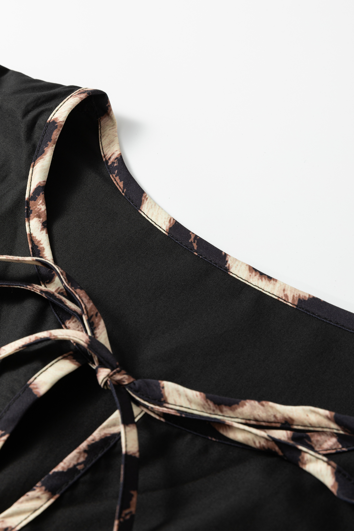 Plus Size Black  Long Sleeve Leopard Contrasted Trim Tie Neck Flared Mini Dress