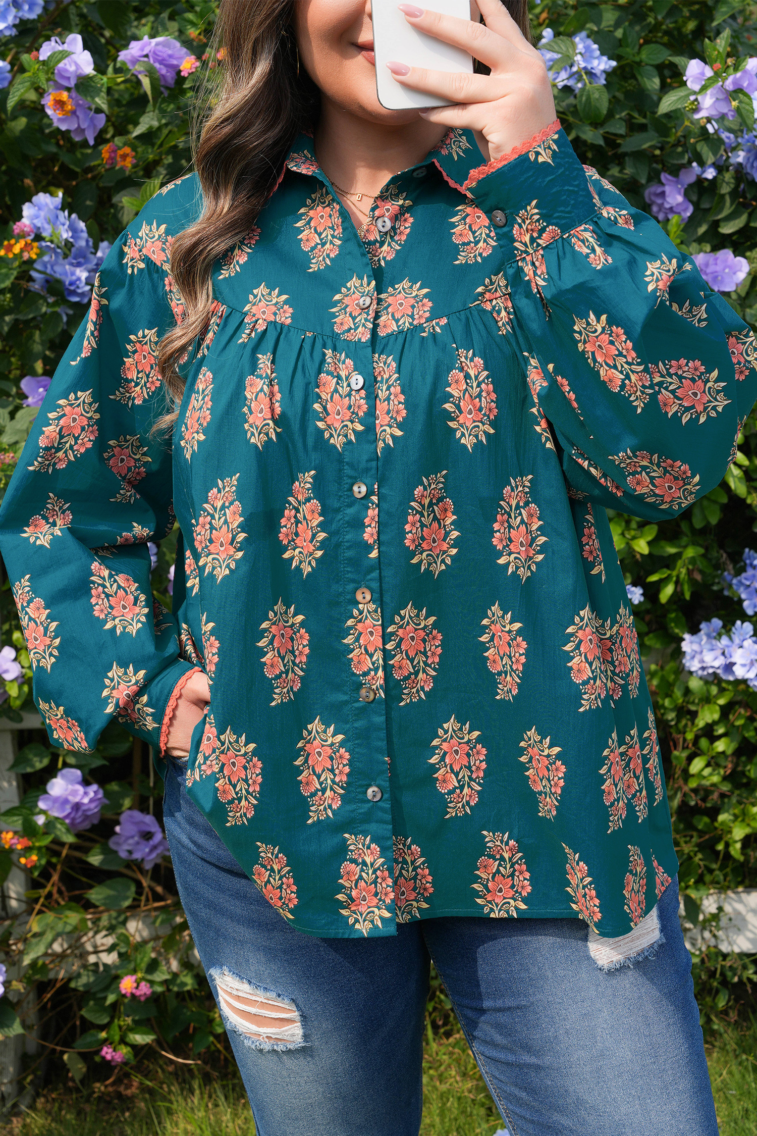 Plus Size Green  Floral Print Contrast Lacy Trim Pleated Loose Shirt