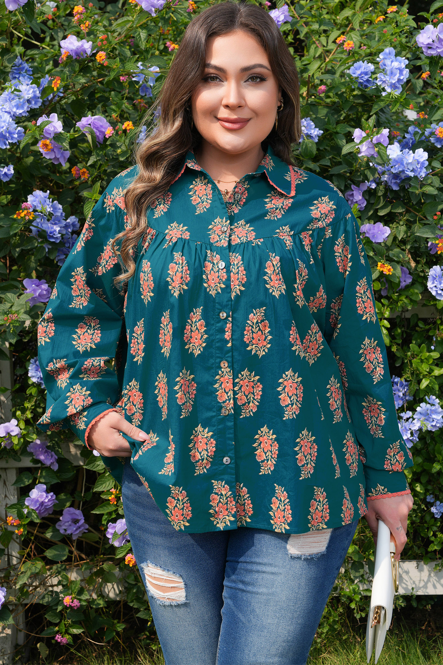 Plus Size Green  Floral Print Contrast Lacy Trim Pleated Loose Shirt
