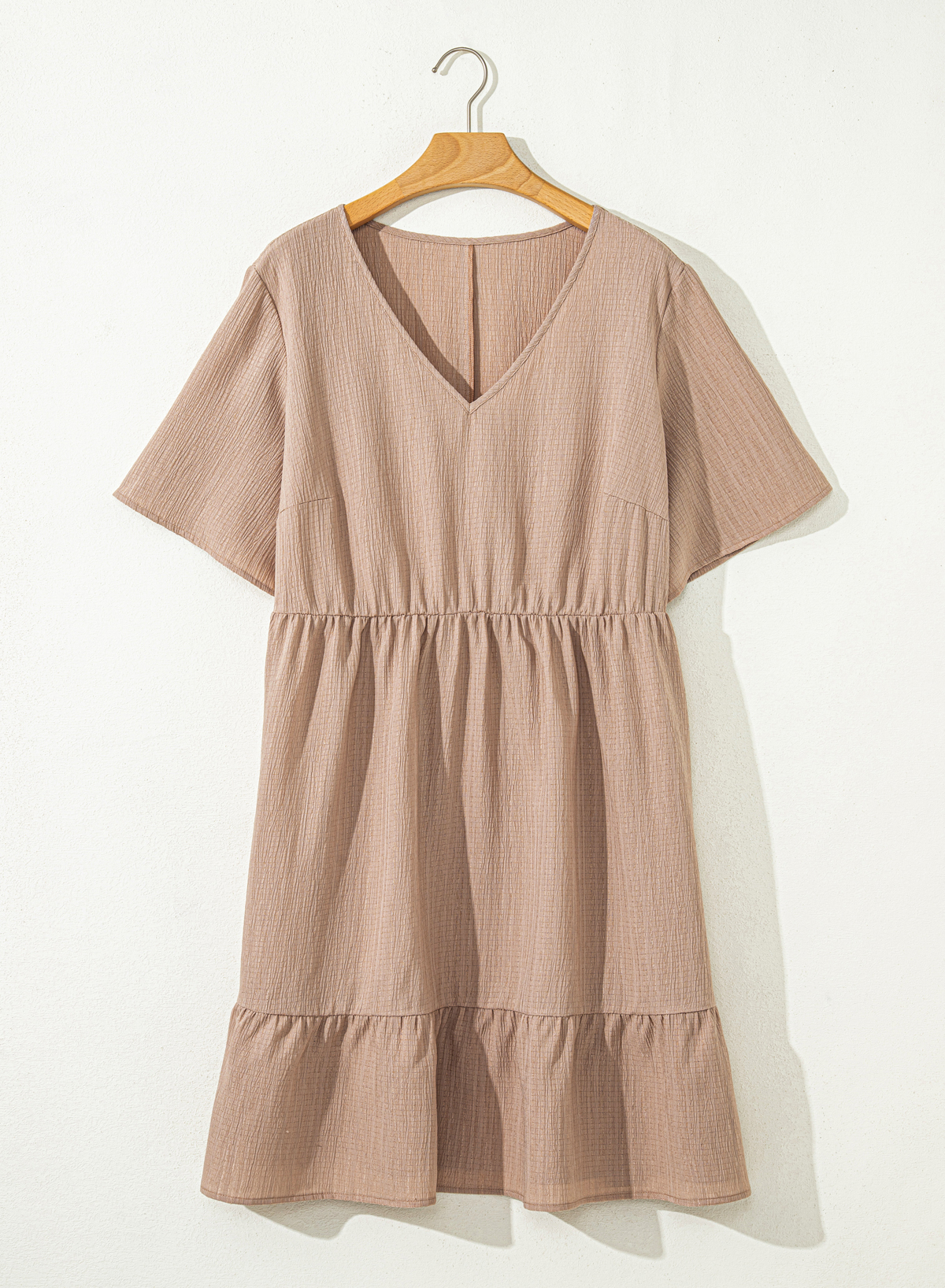 Plus Size Dark Khaki  Textured Ruffled Short Sleeve Dress