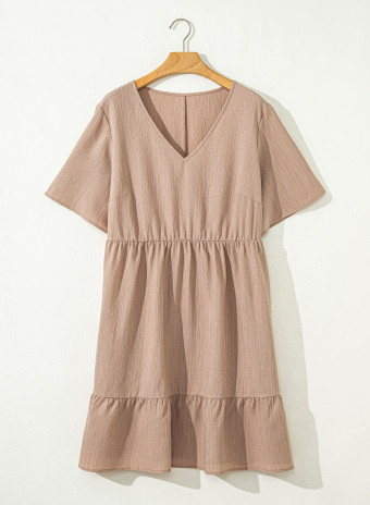 Plus Size Dark Khaki  Textured Ruffled Short Sleeve Dress