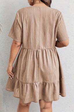 Plus Size Dark Khaki  Textured Ruffled Short Sleeve Dress