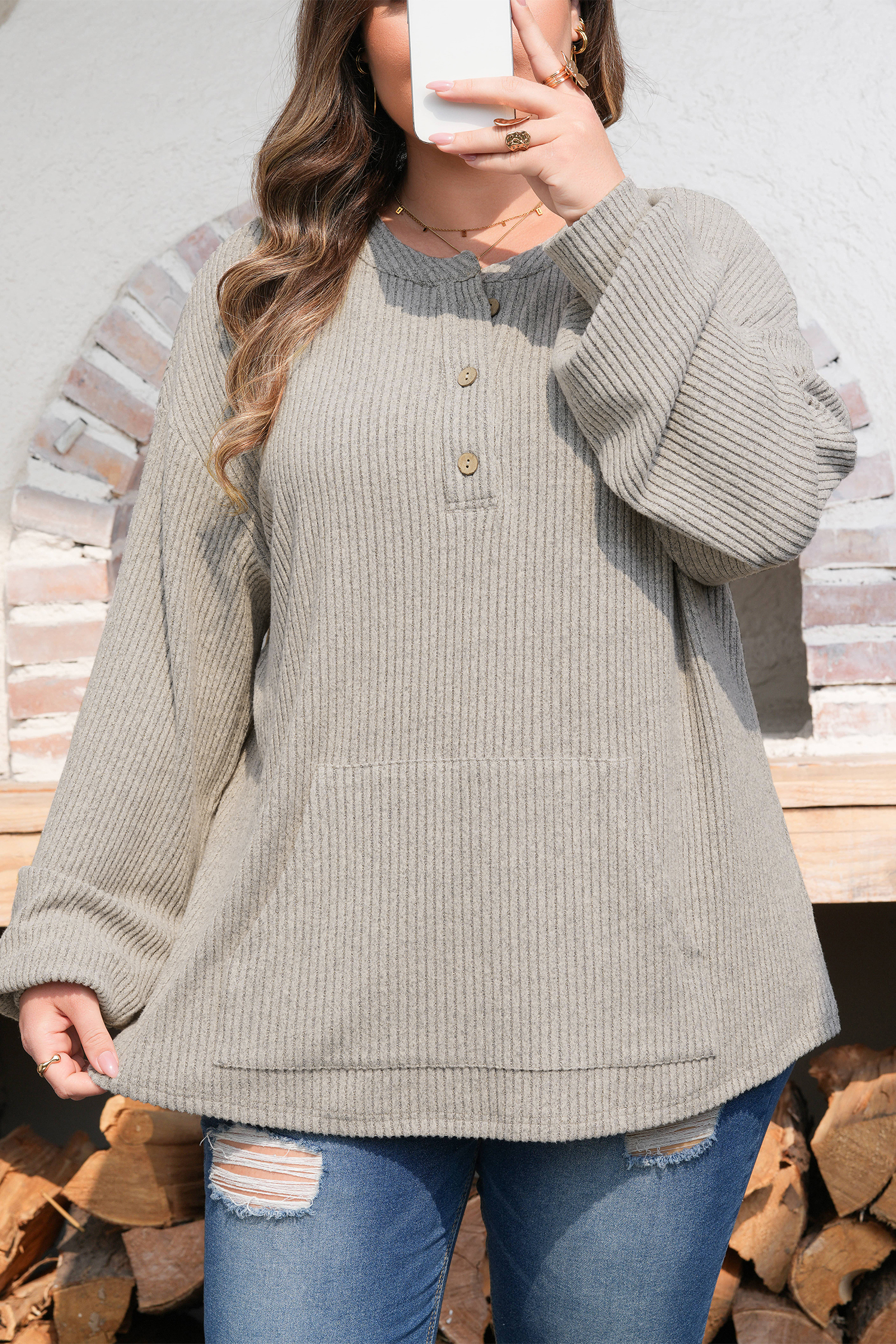 Plus Size Simply Taupe  Ribbed Knit Kangaroo Pocket Henley Long Sleeve Top