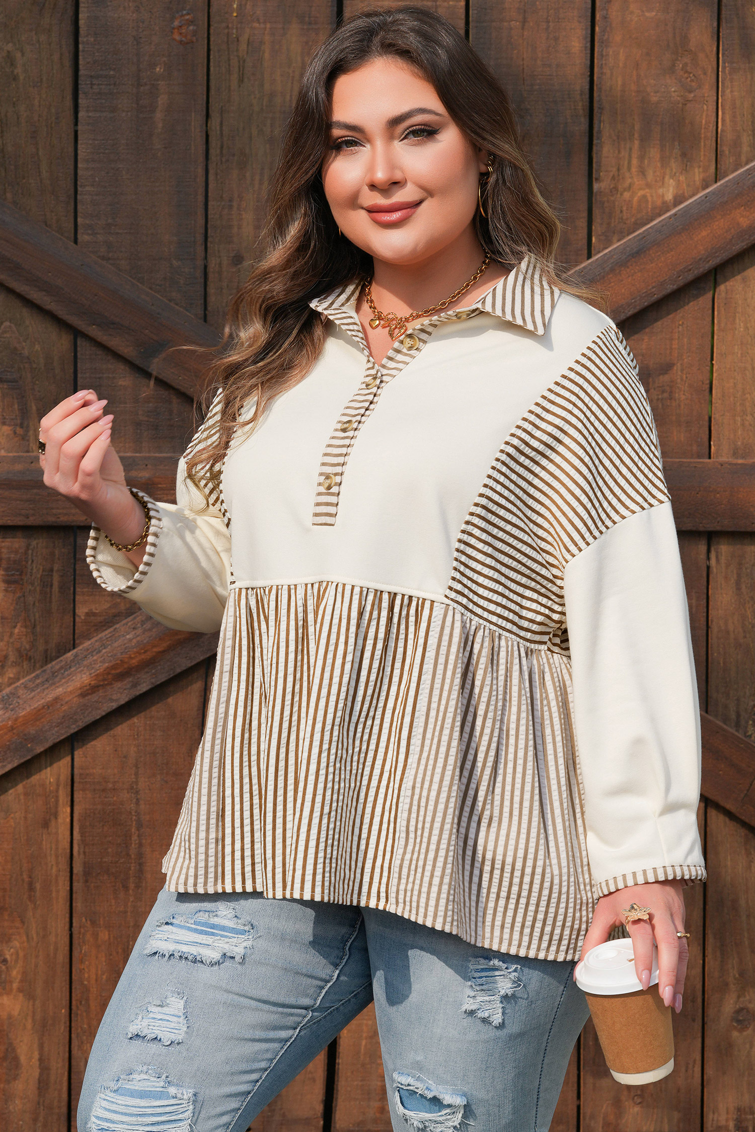 Plus Size Khaki Stripe  Color Block Patchwork Half Button Long Sleeve Peplum Blouse