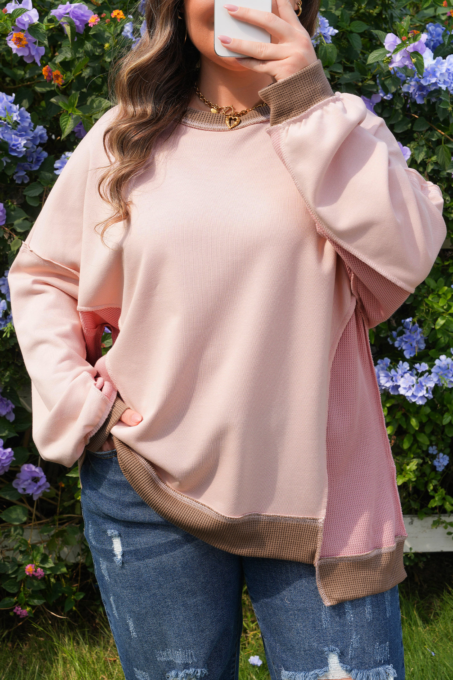 Light Pink Plus Color Block Waffle Patchwork Exposed Seam Baggy Sweatshirt