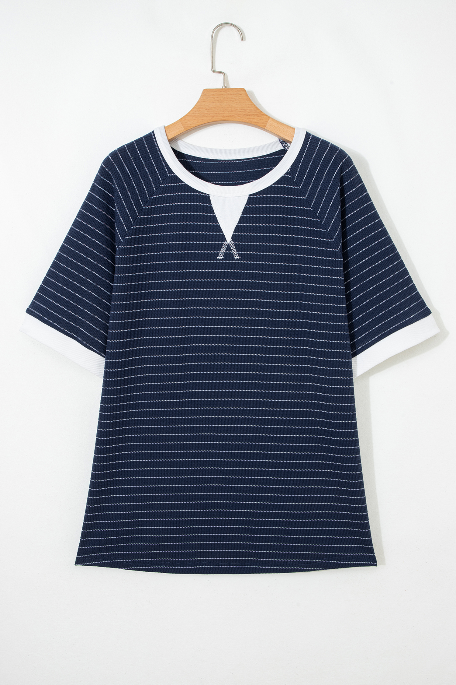 Plus Size Blue Stripe Contrast Trim  Ribbed T Shirt