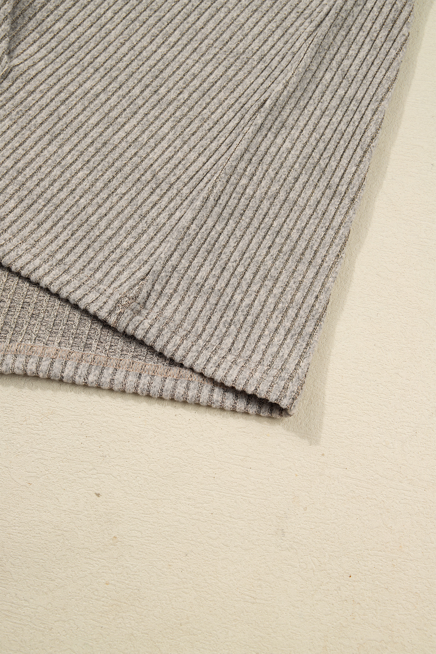 Plus Size Simply Taupe  Ribbed Knit Kangaroo Pocket Henley Long Sleeve Top