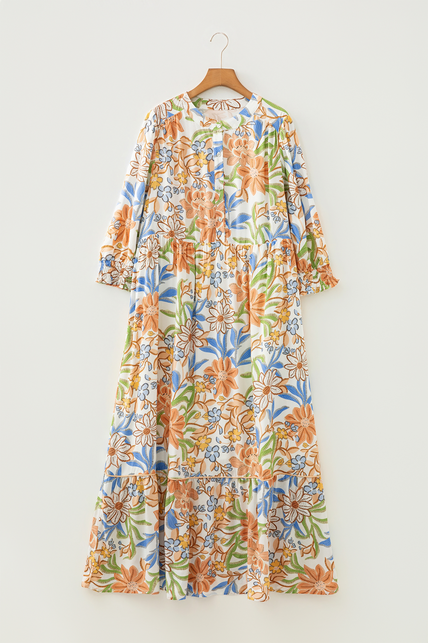 Plus Size Khaki Floral Print 3/4 Sleeves Tiered  Long Dress