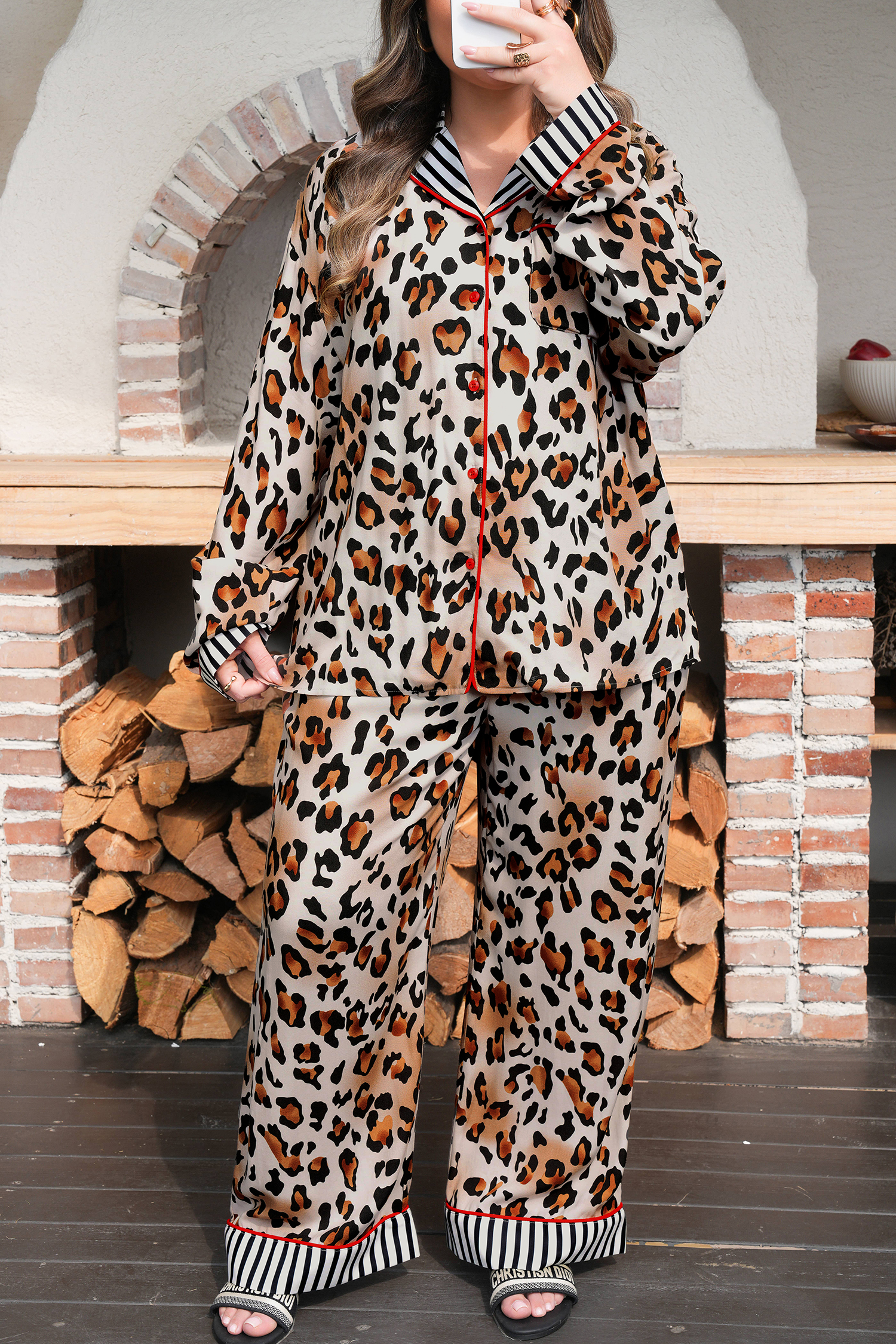 Khaki Plus Leopard Print Contrast Piping Striped Patchwork 2pcs Long Pajama Set