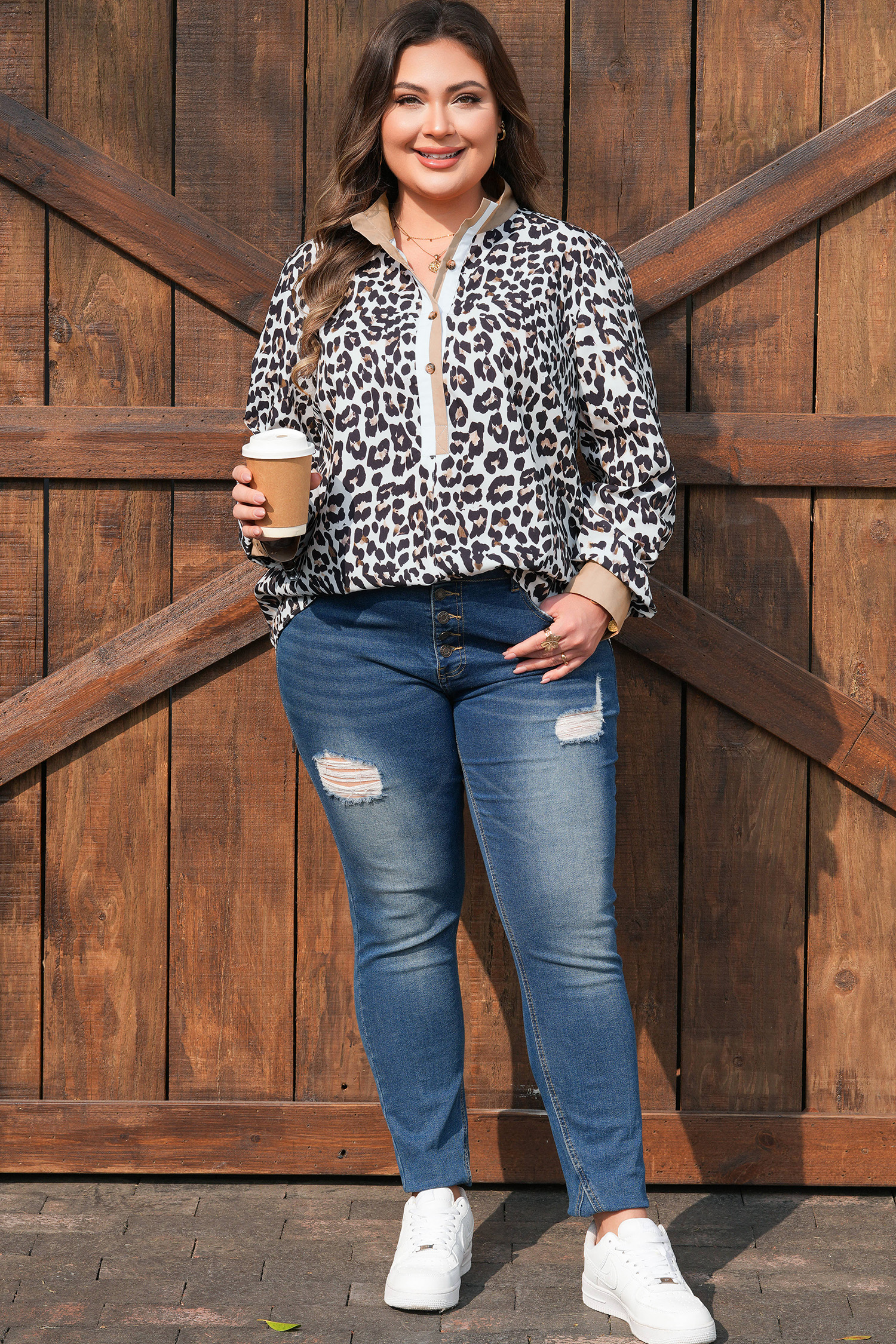 Multicolour Leopard Print Contrast Trim Button Split Neck Plus Long Sleeve Top