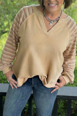 Plus Size Parchment Striped Raglan Sleeve Notched Neck Raw Edge  Jumper