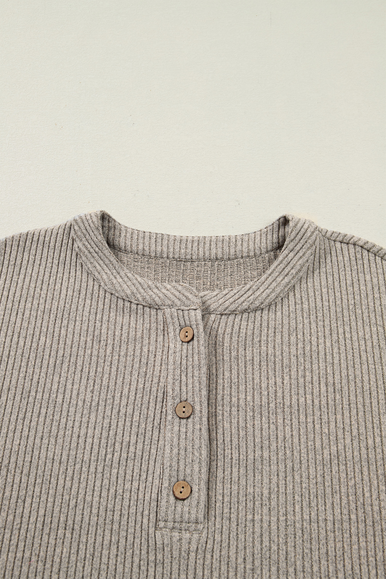 Plus Size Simply Taupe  Ribbed Knit Kangaroo Pocket Henley Long Sleeve Top