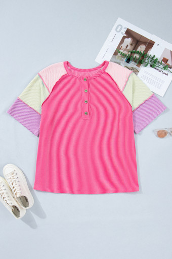 Plus Size Bright Pink  Twisted Rib Color Block Patchwork Short Sleeve Henley Top